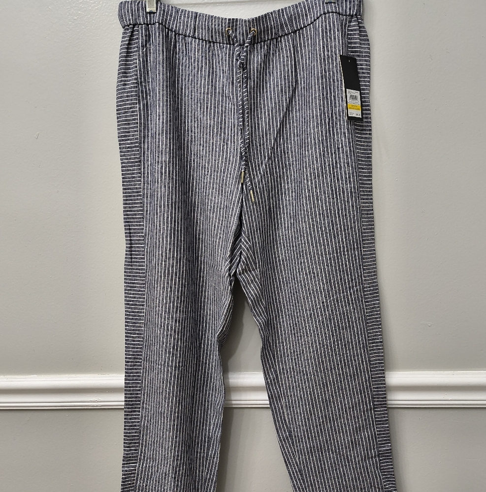 Jones New York Linen Blend Slim Ankle Pants Navy White Stripes Medium Minimalist